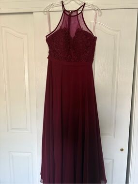 Azazie Kinsey Lace A-line High Neck Zip Up Chiffon Pewter Dress Size 12 Petite